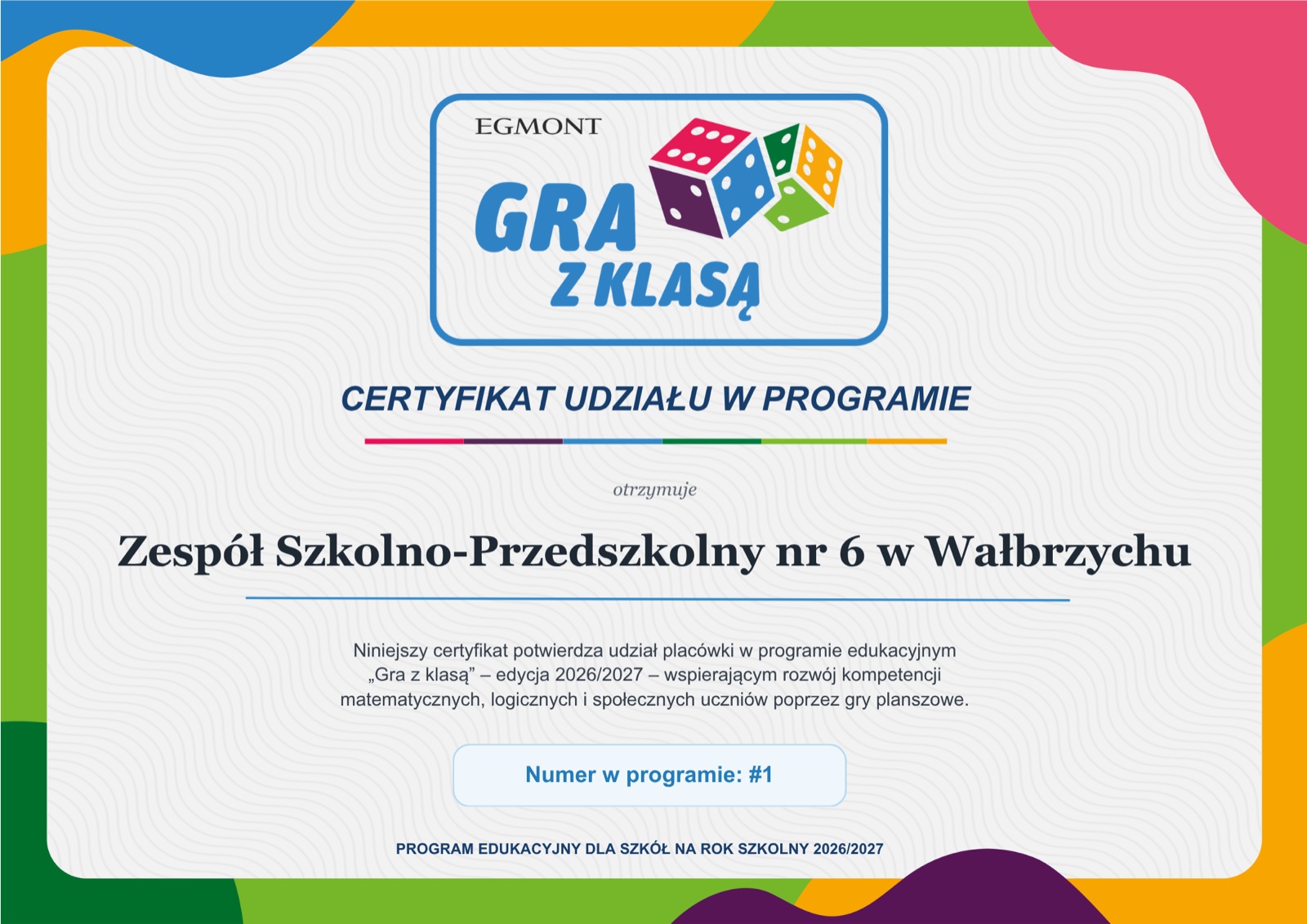 Przykładowy imienny certyfikat udziału szkoły w programie Gra z klasą